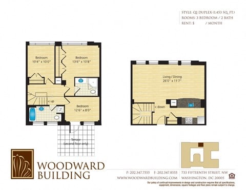 Floor plan for 3 beds, 3 baths, 1453 sqft